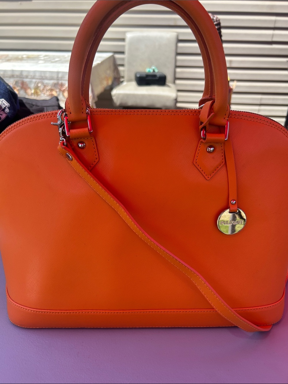 Pulicati Vibrant Orange Dome saffiano leather Satchel
